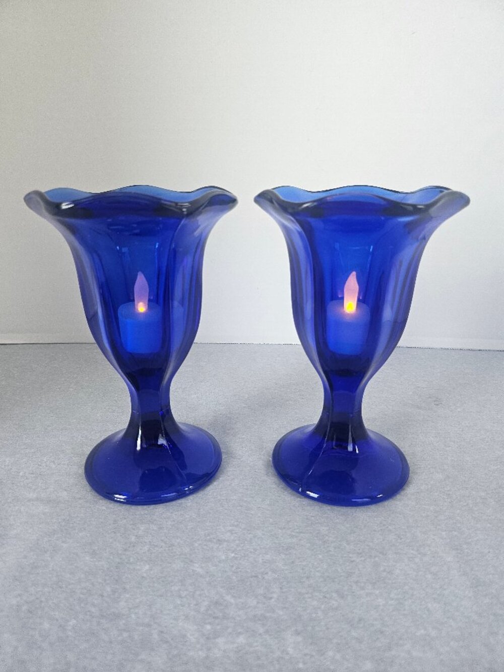 Set Of 2 Vintage Anchor Hocking Cobalt Blue Tulip Sundae Glasses/Candle Holders